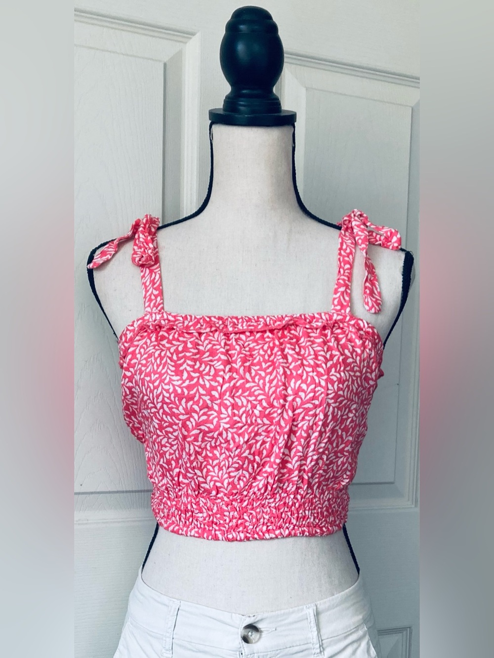 Coral Pink & White Crop Tank Top Blouse w/ Tie-Strap: Size S-NWT